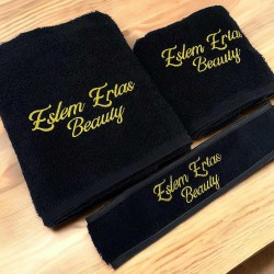 Logolu güzellik salonu havlu seti - siyah üçlü set 